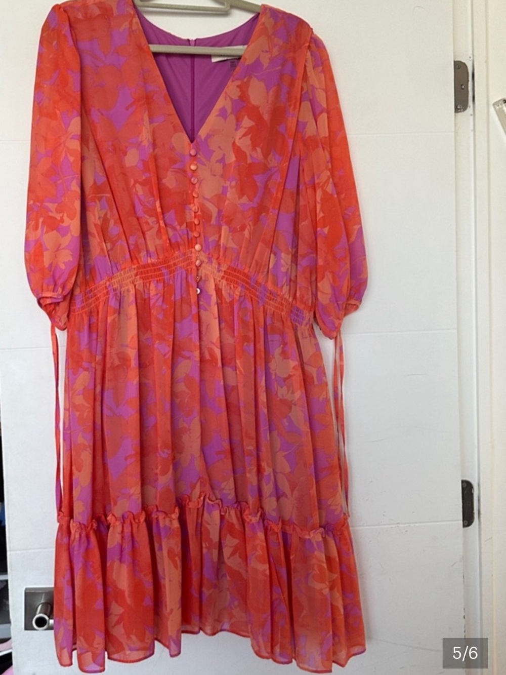 Taylor Coral and Magenta Tiered Midi Dress